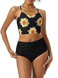 ZAFUL Women's Crisscross Ruched High Waisted Bikini Set Two Piece Floral Print Swimsuit Lace Up Padded Tankini Black M