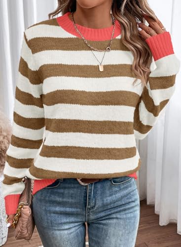 Image of Dokotoo Sweaters for Women 2026 Crewneck Striped Cute Color Block Fall Winter Knitted Pullover Tops