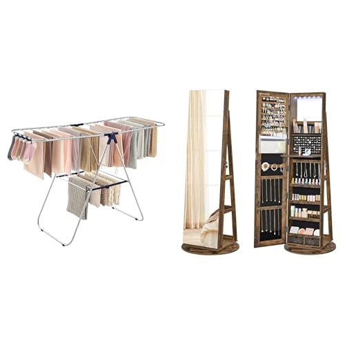 SONGMICS Clothes Drying Rack, 6 LEDs Lockable Mirror Jewelry Cabinet, ULLR52BU and UJJC007X01