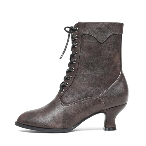 Image of Women's Victorian Ankle Boots - Mid Calf, Round Toe, Black Boots with Chunky Heel & Lace Up Detail