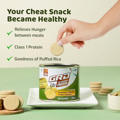 Image of GRD Lite Superior Protein Diskettes, Tasty Sugarless Biscuits with Zero Cholesterol, 18 Essential Nutrients & 28% Protein for Muscle Growth and Good Health (250g) - Cardamom Flavour