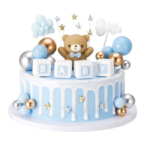 Blu Orsetto per Torta Decorazione Mini Palline Cake Topper con Simpatico Orsetto Decorazione Torta BABY Lettera Stella Nuvole Toppers Cupcake per Baby Shower Decorazioni Gender Reveal Compleanno Torta