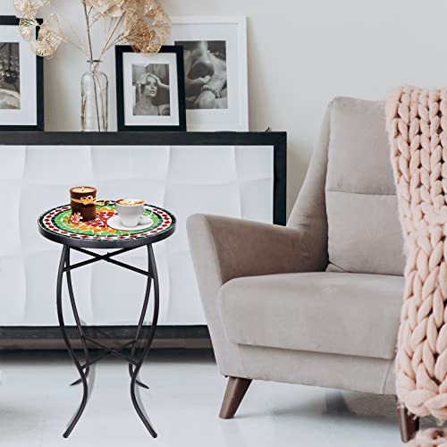 Vipush Mosaic Outdoor Side Table, 14" Round Folding End Table, Patio Accent Table Indoor Plant Stand For Living Room,Geramic Table Top Black Iron,Green Yellow #TOP6