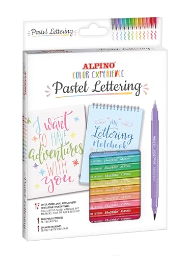 Alpino - Kit Pastel Lettering 12 Rotuladores Dual Artist, 1 Libreta de Lettering y 1 Guía con Patrones | Diversidad de Colores | Creatividad sin Límites | Lettering creativo