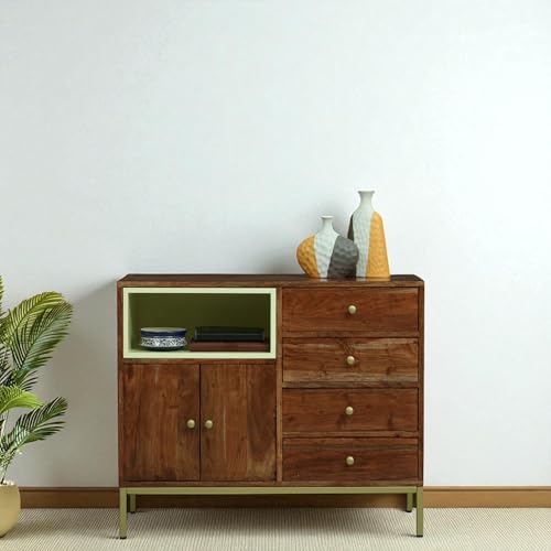 Image of Kalki Solid Wood 4-Drawer Storage Chest | Elegant Drawer Cabinet | Multi-Purpose Storage Cabinet | Finish - Tubaq & Off-White