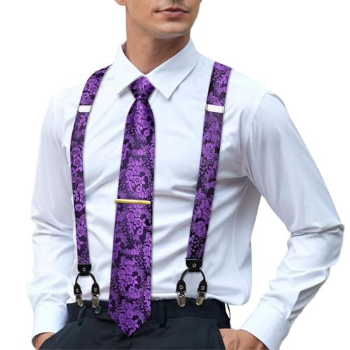 Image of Hi-Tie Men's Suspenders and Tie Set Silk Adjustable Elastic Y Braces with Strong 6 Clips Pocket Square Set