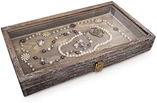 MOOCA Wood Glass Top Jewelry Display Case Accessories Storage, Wooden Jewelry Tray for Collectibles, Home Organization Box with Metal Clasp and Tempered Glass Top Lid, Coffee