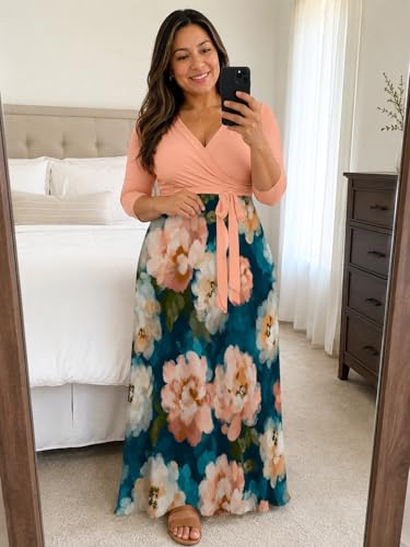 Image of Plus Size Maxi Dress for Women V Neck Flowy Dresses with Pockets for Wedding Guest Church