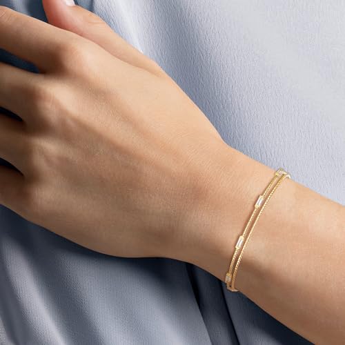 BriLove Dainty Elegant 925 Sterling Silver Cubic Zirconia 2 Layer Birthstone Bracelets for Women,Six Emerald Cut Tennis Bracelet Birthday Prom Gifts Jewelry2