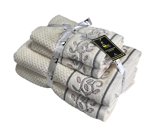 Image of SENSES By Riba Cotton Embroidered Towel Set, 550 GSM Soft & Absorbent, Antimicrobial, Oeko-Tex Certified | Ideal for Home & Gifting, Pack of 4 (2 Bath 27 inchX50 inch + 2 Hand Towels 16 inchX26 inch) - Style 21
