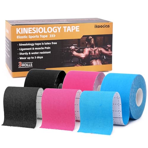 Cinta Kinesiologica Kinesiotape, Vendaje Neuromuscular de Algodón, Kinesiology Tape Elástica Para Deportes, Alivio del Dolor Muscular y Soporte Articular 5cm x 5m (Negro, Azul, Rosa)