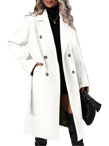 Image of Danedvi Women Elegant Wool Pea Coat Lapel Collar Double Breasted Mid-Long Winter Overcoats with Belted Pockets