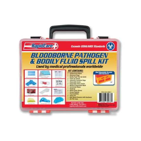 Rapid Care First Aid 839-LGBBK-1 Premium Bloodborne Pathogen & Bodily Fluid Spill Clean Up Kit, OSHA Compliant, Wall Mountable, 10" x 8" x 3.5",Red/Clear Cover