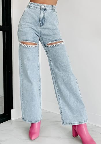 Women's High Waist Straight Wide Leg Baggy Jeans Ripped Rhinestone Trim Bling Y2k Stretch Denim Pants Streetwear4