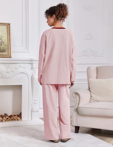 Image of MISSACTIVER Women's 2 Piece Striped Lounge Set Long Sleeve Oversized T-Shirt Wide Leg Pants Matching Pajamas Set