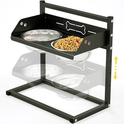 Ciotola Rialzata per Cani con Recinto Alto 7 cm, Altezza Regolabile su 4 Livelli, 2 Ciotole in Acciaio Inox (1.5L x 2), Supporto Stabile e Robusto, Adatto a Cani di Taglia Grande, Media e Piccola
