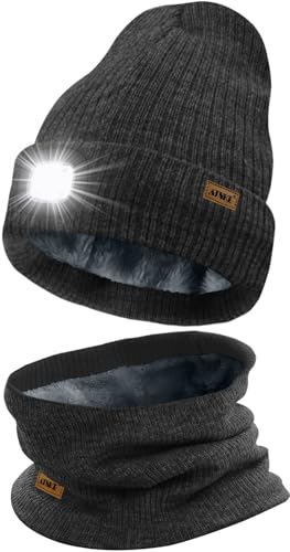 ATNKE LED Lighted Beanie Hat and Scarf Suit,USB Rechargeable 4 LED Running Headlamp Bright Cap with Light Winter Warm Lined Fleece Neck Gaiters and Knit Beany Gifts for Men and Women/Dark Grey