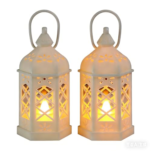 2 Pieces Vintage Candle Lantern Hanging Lantern with Flickering LED Candle White Decorative Candle Lanterns for Medieval Halloween Christmas Table Wedding Party Home Decorations (White)