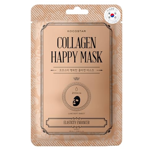 KOCOSTAR Collagen Happy Mask - Foglio di maschera per il viso coreano per donne con estratto di collagene vegetale, estratto di anga della vescica, olio di mandorle, 20 minuti per la cura del viso,