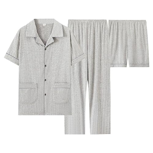 Mens Cotton Pajamas Set 3Pcs Short Sleeve Button Down Notched Collar Printed Sleepwear Pjs Set Soft Long Pants Shorts