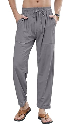 Mens Casual Beach Trousers Cotton Trousers Pants Lightweight Drawstring Trousers Elastic Waist Yoga Linen Pants Dark Grey XXL