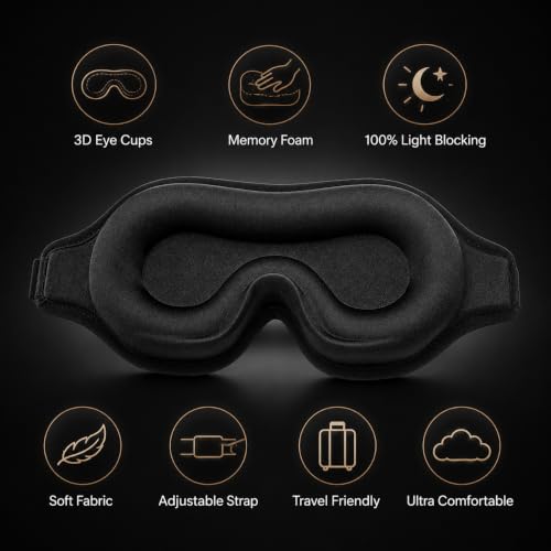 Image of 3D Black Eye Mask for Sleeping Men & Women | Memory Foam Sleep Mask with Adjustable Strap | 100% Blackout Eye Cover Blindfold for Side Sleepers | Soft Travel Sleeping Mask for Flight, Yoga, Office, Nap - Black