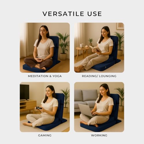 Image of Friends Of Meditation 4-in-1 Folding Buddha Chair - Ergonomic Yoga Seat with Half-Moon Zafu, Detachable Lumbar Support & Carry Case - Navy Blue