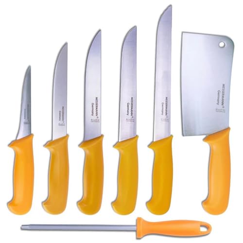 Messermann Germany Fleischmesser Set 7er Box Fleischermesser, Stechmesser, Ausbeinmesser Beil, Gelb