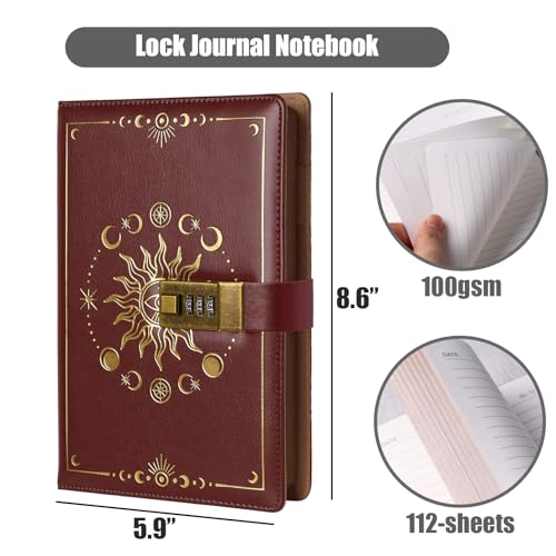 HEYPLACE Diário pessoal com cadeado, A5 224 páginas de couro vermelho pautado diário protegido por s