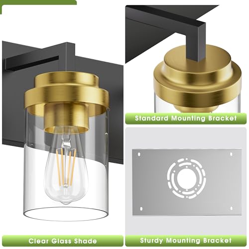 Image of Bathroom Lighting Fixtures, 3-Light Bathroom Vanity Lights Over Mirror, Black and Gold Vanity Light with Glass Shade, Modern Vanity Lighting Fixtures for Bathroom, Bedroom, Hallway