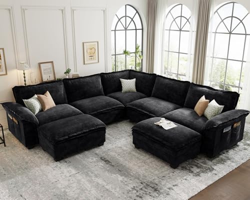 KKL Modular Sectional Sofa, Large V Shape 7 Seater Modern Sectional Couch with Ottoman, Couches for Living Room, Cloud Couches Chenille for Apartment, Home, Black