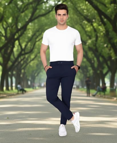 Image of Men's Classic Track Pants, Slim Fit, Lycra Blend Stretchable Business Casual Dress Pants, 4 Pockets, Button and Zipper Closure