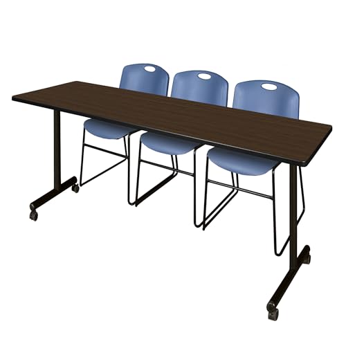 Image of Regency Kobe 84 x 24 in. Mobile T-Base Training Table- Neo Walnut, 2 Zeng Stack Chairs- Blue