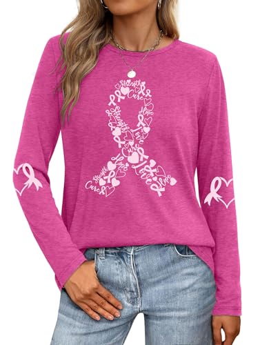 Breast Cancer Shirts for Women: Pink Ribbon Tshirt Cancer Awareness Long Sleeve Shirt Cancer Survivor Tops2