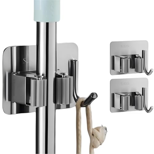 Image of JD FRESH 2 Pcs Stainless Steel Mop & Broom Holder Wall Mount with Hook /No Drill Anti Slip Sticky Waterproof Self-Adhesive Broom Hanger Stand Organizer for Kitchen, Garden, Bathroom, Garage (Grey)