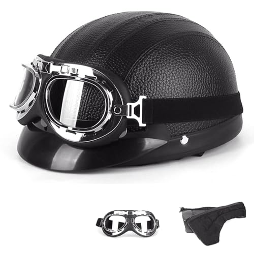 Motorradhelm Damen Herren Open Face Retro Halbschalenhelm DOT/ECE-Zertifizierter Mit Schutzbrillen Scooter Helm Jethelm Downhill Helm Mopedhelm Schutzhelm Für Cruiser Chopper,Black-54~60CM