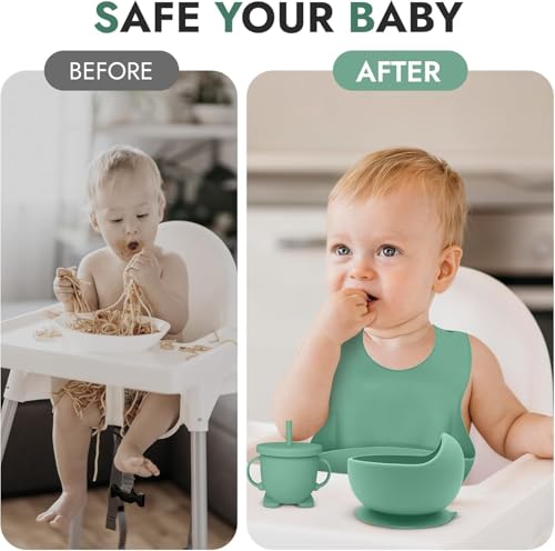 Image of Silicone Baby Feeding Set 6 Pieces with Suction Plate, Bowl, Adjustable Bib, Straw Cup, Spoon & Fork, BPA Free Baby Led Weaning Essentials - Green