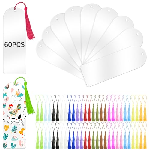 120 Pcs Clear Acrylic Bookmark Blanks 6 x 2 Transparent Semicircle Blank Acrylic Bookmarks Bulk 60pcs Plastic Book Page Markers with 60pcs Book Mark Tassels for DIY Crafting Projects and Gift Tags