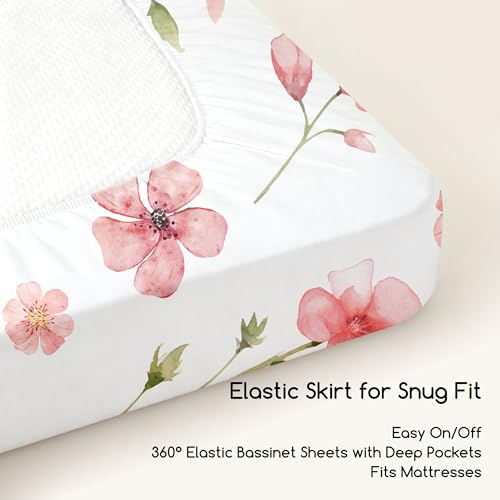 Image of Bassinet Sheets 33x20 for Baby Delight, Newton,Airclub,Maxi Cosi,Angelbliss,Dream on Me,Mika,Harppa,Amke,ezebaby Rectangle Bassinet Mattress - Pink Floral 3 Pack Girl