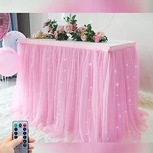 OakHaomie 10ft Table Skirt Tulle Tutu Table Cloth with 15pcs String Lights for Rectangle or Round Table for Party,Wedding,Birthday Party&Home Decoration,Table Skirting (Pink, 10ftX2.63ft)