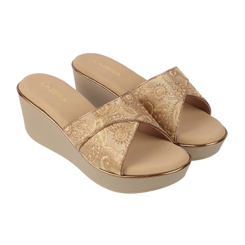 Image of Lazera Platform Wedge Sandals|Sandals for Women|Platform Heels|Floral Brocade Synthetic|Slip On|Regular Fit|2.5 Inch Heel