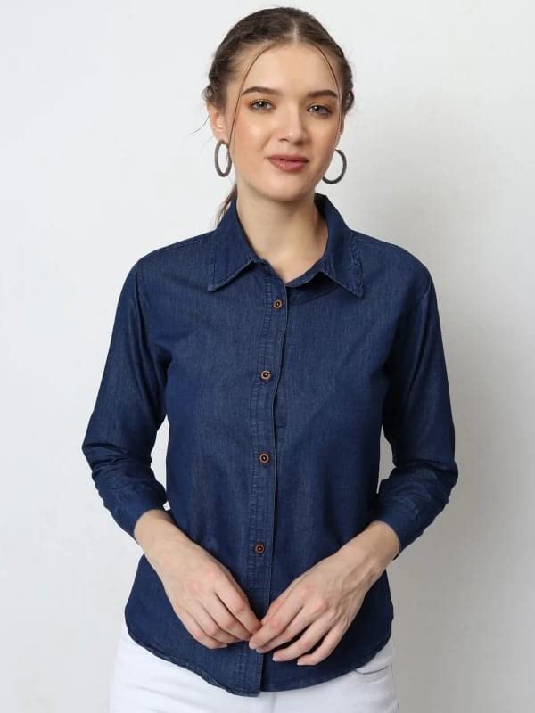 Wingzss Women's Regular Fit Spread Collar Denim Shirt-Plain Collar Dark Shirt-picture-15