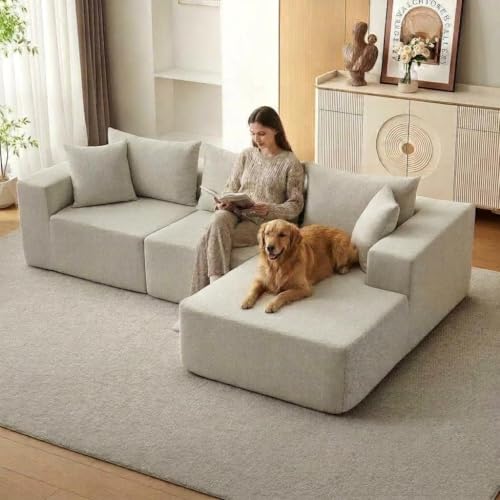 108" L Shaped Boneless Couch, Cotton Linen Fabric Cloud Couch with Right Facing Chaise, No-Assembly Modular Sectional Sofas for Living Room, Beige