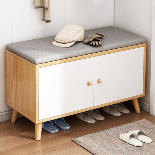SQYHYTS Banco para Zapatos con Espacio De Almacenamiento Zapatero para La Entrada Principal con Puertas Y Cojín Banco Pequeño para Calzado De Madera para La Sala De Estar,Light Warm Wood,80×30cm