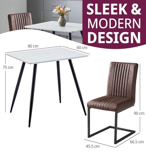 Mesa de comedor de 80 cm blanca y juego de 2 sillas marrón de cocina para salón moderno 4