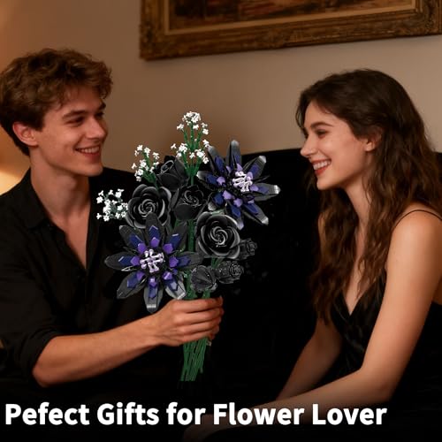 Image of Flower Bouquet Building Set, 12 Gothic Black Rose and Lotus Botanical Collection Building Block Toy Compatible with Lego Flowers for Adults Women Home Decor, Gift for Valentine, Mother's Day
