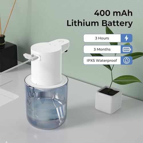 Automatischer Schaumseifenspender: 400ml No-Touch Seifenspender mit Sensor | 4 Stufen, IPX5 Wasserdicht | Elektrisch, USB-Ladung, für Bad & Küche | Wandmontage (ohne Bohren) in Weiß