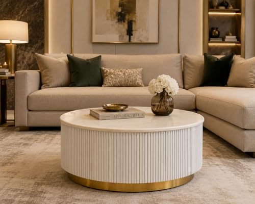 Image of Premium Luxury Marble-Top Wooden Center Table with Louvers & Acrylic Wooden Base | Premium Coffee Table for Living Room & Office (White)