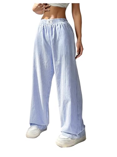 WDIRARA Women's Striped Print Straight Leg Pants Elastic Waist Casual Trousers with Pockets