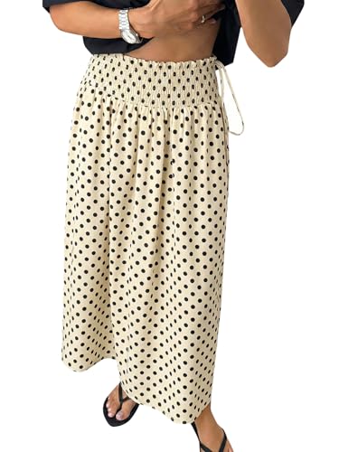 Tankaneo Womens Polka Dot Maxi Skirts Boho Smocked High Waisted Tie Skirt Casual Beach Vacation Dress Beige